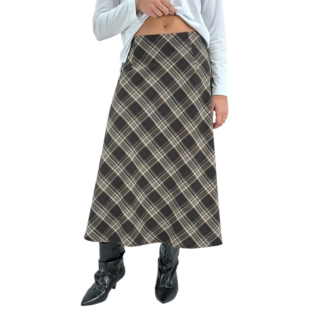 Bassini Gonna Donna Nero e Marrone a Ruota in Tessuto Tartan
