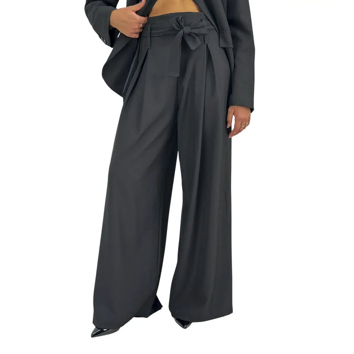 Bassini Pantaloni Donna Palazzo Nero Oversize in Tessuto Morbido Effetto Raso con Cintura a Fiocco