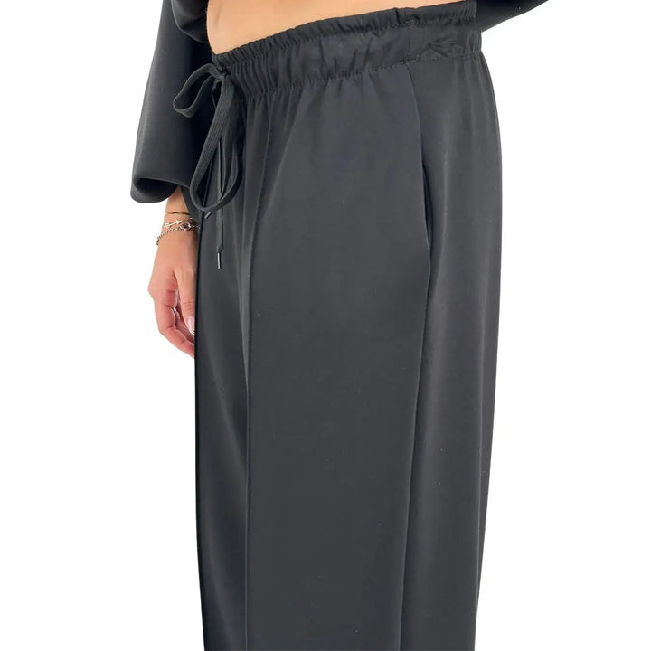 Bassini Pantaloni Donna Neri in Felpa Dritti Over con Coulisse e Tasche Laterali