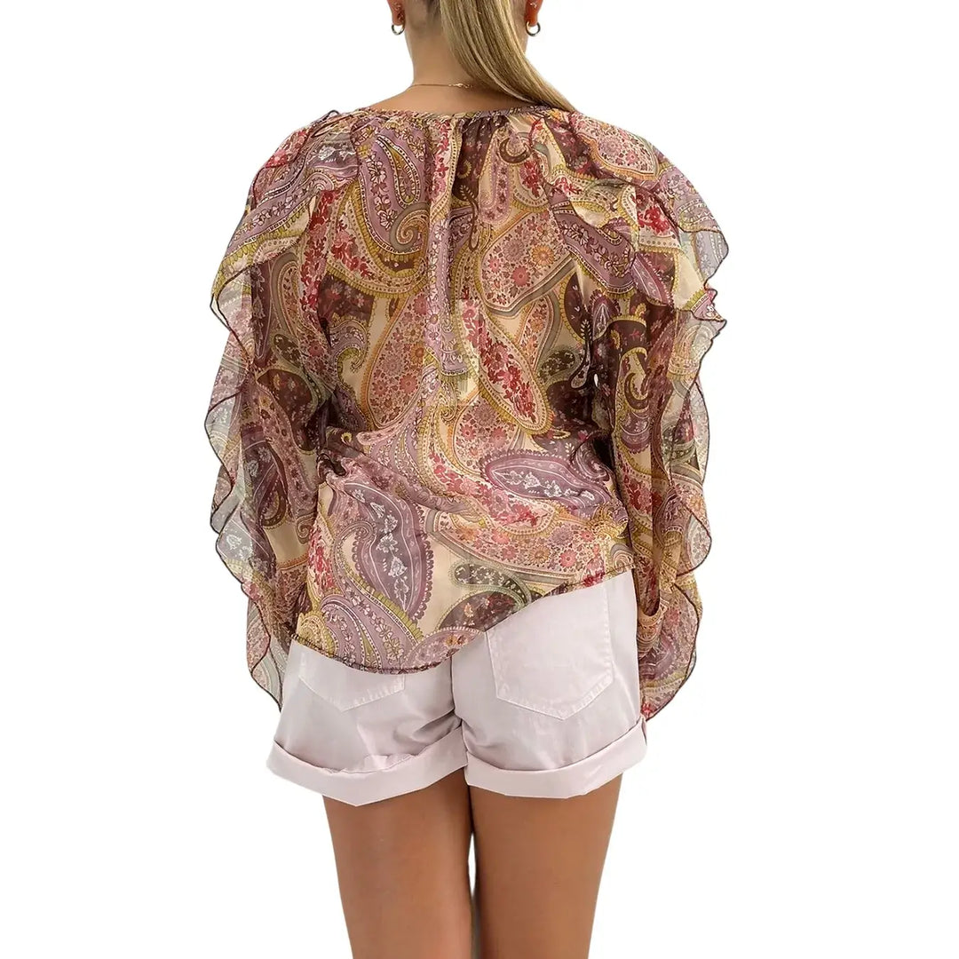 Bassini Blusa Donna Cipria con Fantasia Damascata, Ruches e Bottoncini Frontali