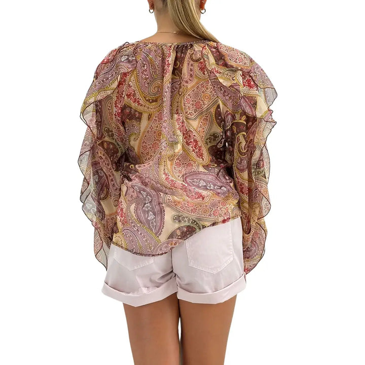 Bassini Blusa Donna Cipria con Fantasia Damascata, Ruches e Bottoncini Frontali