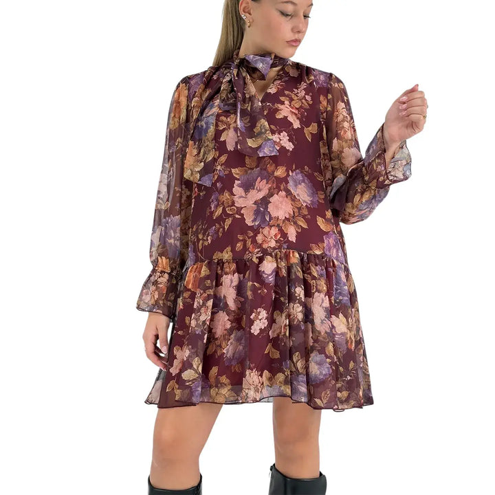 Bassini Abito Donna Corto Vino con Fantasia Floreale, Collo con Fiocco e Maniche Lunghe