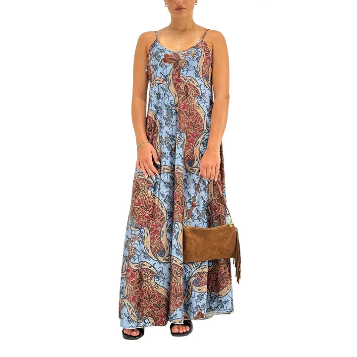 Bassini Women's Celestial Blue Long Slip Dress with Damask Print and Straps