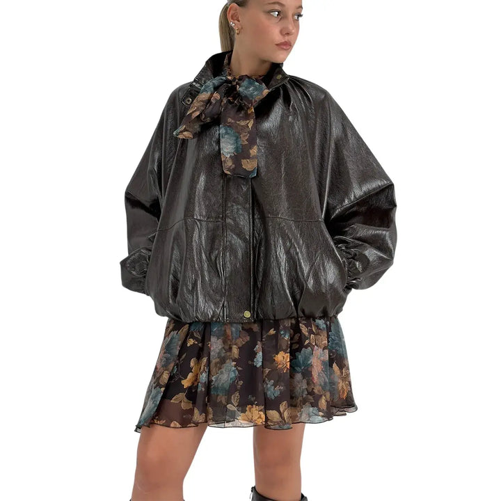 Bassini Bomber Donna Cioccolato Oversize in Ecopelle Semilucida con Maniche a Pipistrello