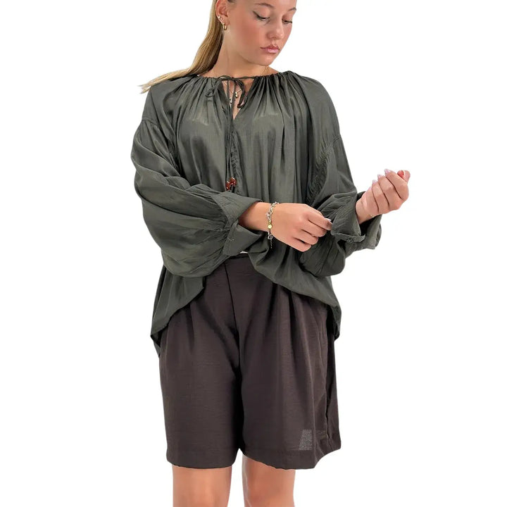 Bassini Blusa Donna Verde con Girocollo Arricciato Coulisse e Maniche Raglan