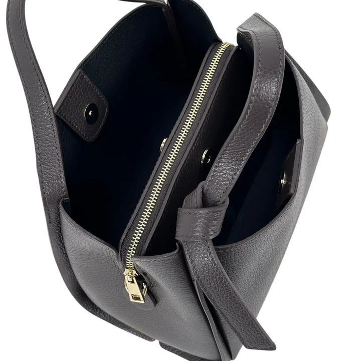 Bassini Borsa Donna in Pelle Cioccolato con Due Manici, Nodo Ornamentale e Tracolla Rimovibile