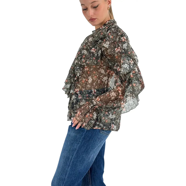 Bassini Camicia Donna Verde con Stampa Floreale, Scollo a V e Rouches su Maniche e Spalle