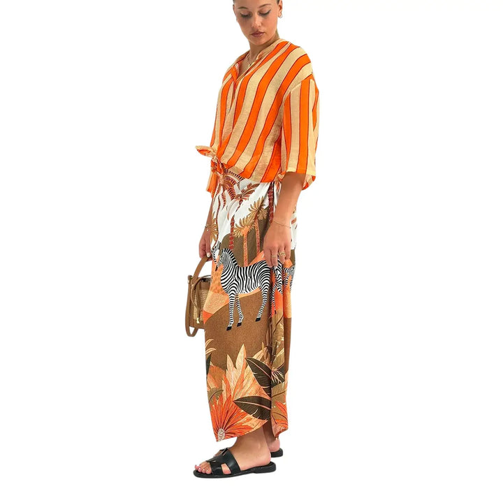 Bassini Camicia Donna Arancio a Righe con Nodo Frontale, Collo Coreano e Maniche Corte