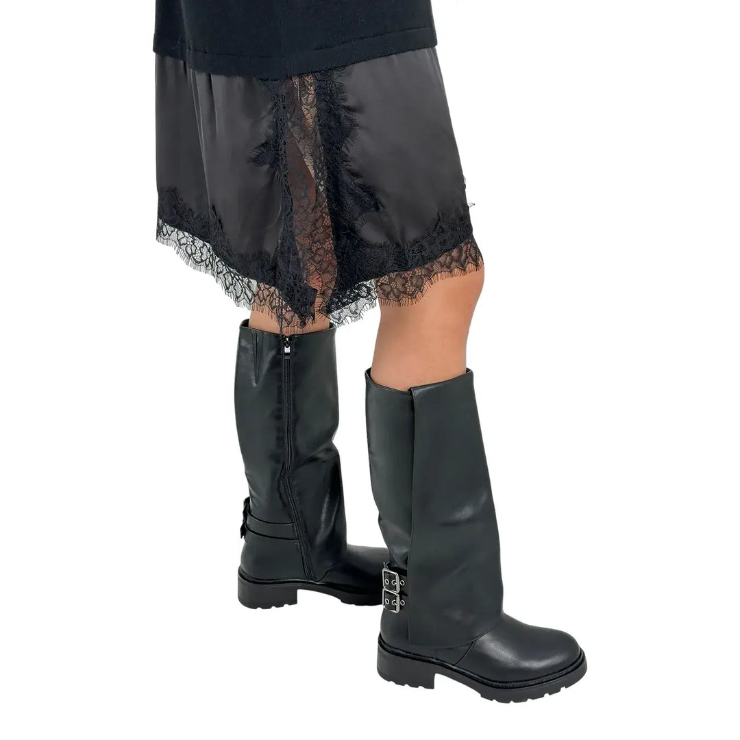 Bassini Abito Donna Nero in Maglia con Balza in Raso e Pizzo e Spacchi Laterali