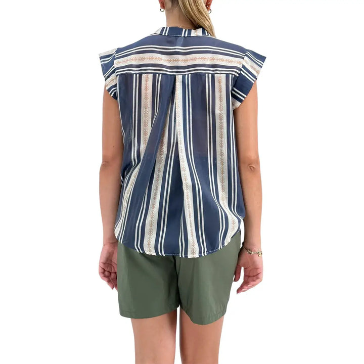 Bassini Blusa Donna Blu Beige Rigata Smanicata con Nodo Frontale e Scollo Coreano