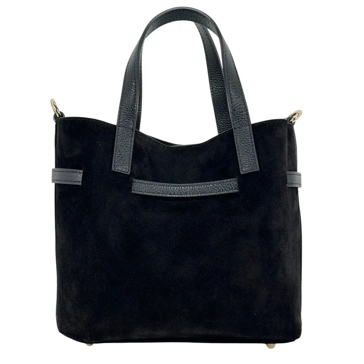 Bassini Borsa Donna Secchiello in Pelle Scamosciata Nero con Doppi Manici e Tracolla Rimovibile