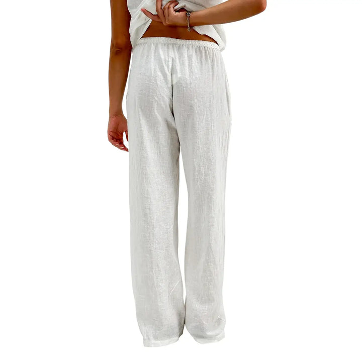 Bassini Pantaloni Donna Bianchi Palazzo in Lino e Cotone con Coulisse in Vita