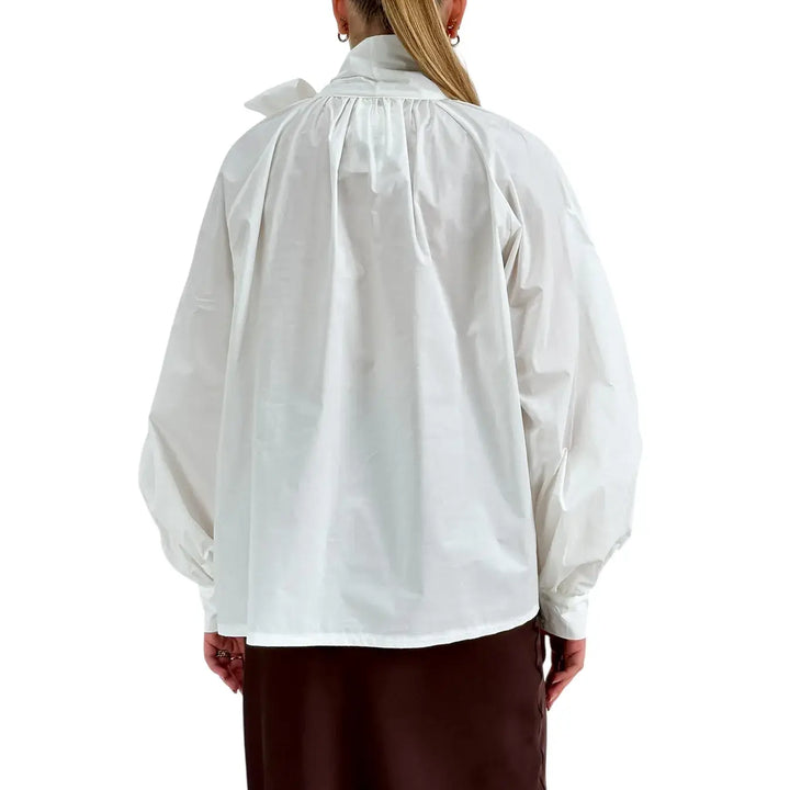 Bassini Blusa Donna Bianca Oversize in Cotone con Collo a Fiocco