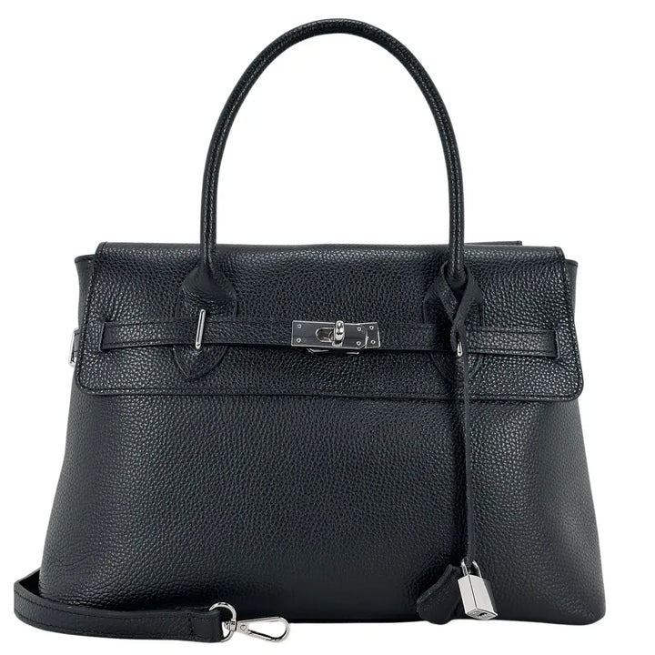 Bassini Borsa Donna in Pelle Nera con Doppi Manici, Tracolla Rimovibile e Chiusura con Zip