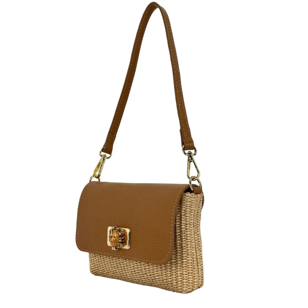 Bassini Borsa Donna Piccola in Raffia e Pelle Cuoio con Tracolla Rimovibile e Girello Bambù