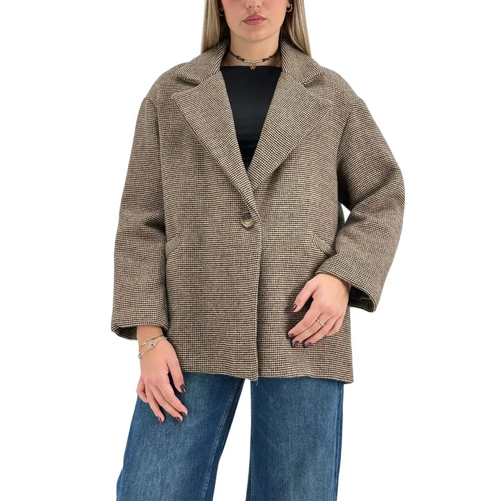 Bassini Cappottino Donna Corto Beige e Marrone Micro Pied de Poule Oversize con Un Bottone
