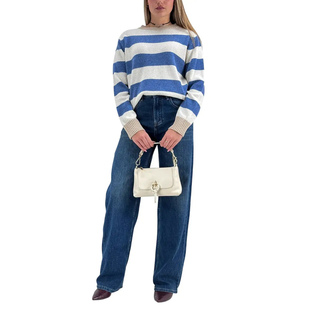 Bassini Maglia Donna Jeans e Avorio a Righe Girocollo con Coste Cammello e Vestibilità Regolare