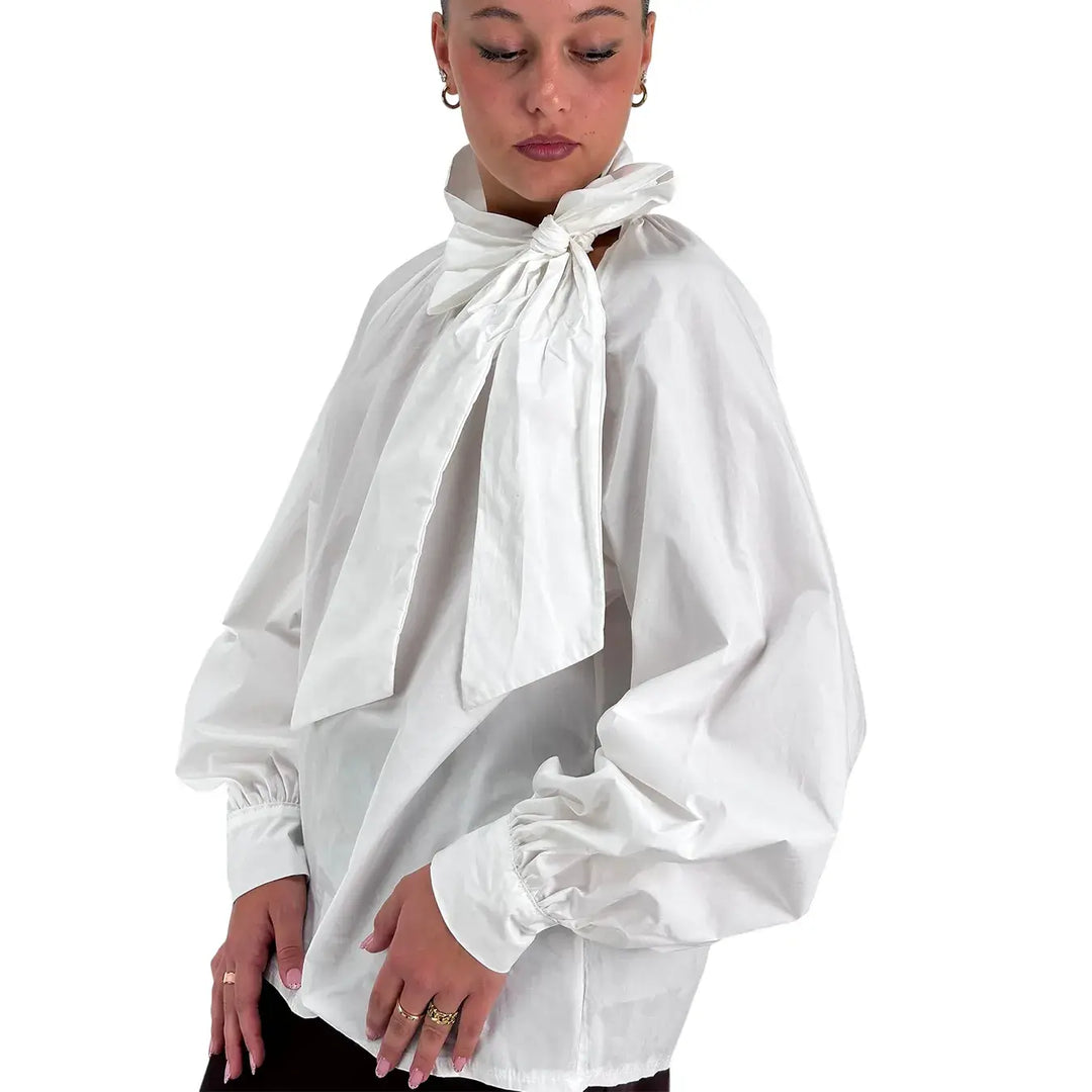 Bassini Blusa Donna Bianca Oversize in Cotone con Collo a Fiocco