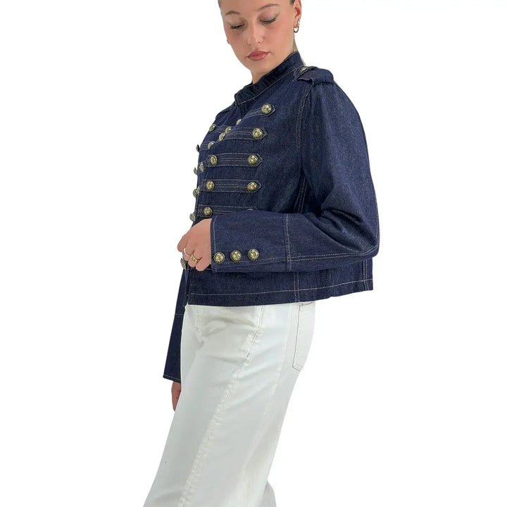 Bassini Giacca Donna Blu Denim Stile Militare Napoleone con Bottoni Color Oro Antico