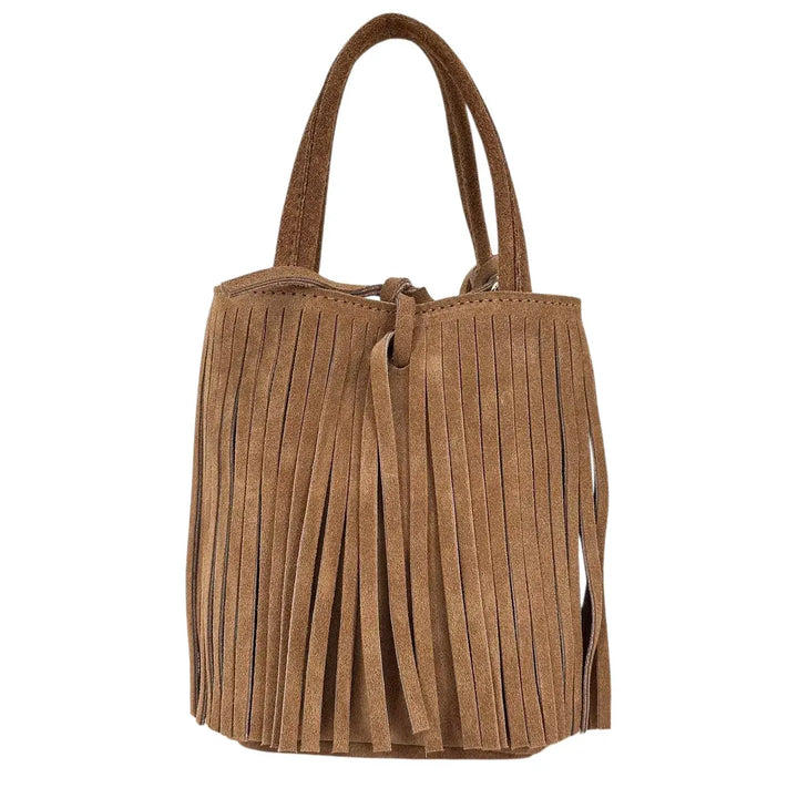 Bassini Borsa Donna Mini in Pelle Scamosciata con Due Manici, Tracolla Rimovibile e Frange Cognac