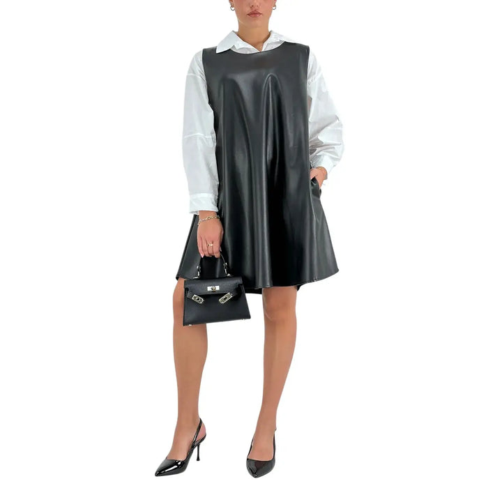 Bassini Abito Donna in Ecopelle Nero Smanicato Oversize a Trapezio con Scollo a Barca e Tasche Laterali