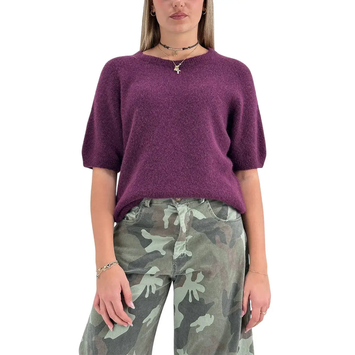 Bassini Maglia Donna Borgogna Girocollo Oversize con Maniche Corte Raglan e Orlo a Costine