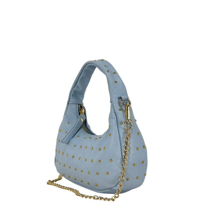 Bassini Borsa Donna Mini Sacca in Pelle Celeste con Borchie Oro e Tracolla Catena Rimovibile