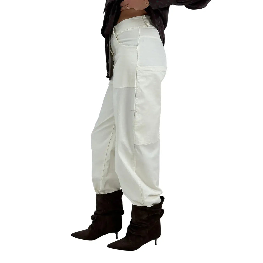 Bassini Pantaloni Donna Palazzo Avorio Oversize in Tessuto Elasticizzato con Tasche a Toppa