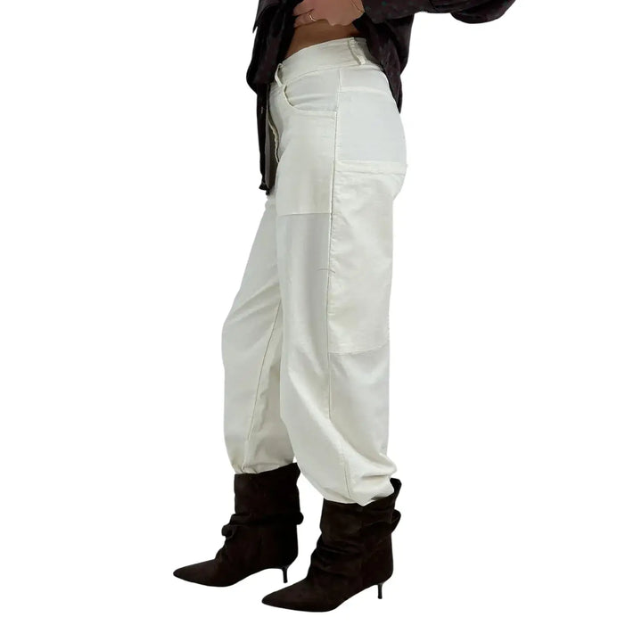 Bassini Pantaloni Donna Palazzo Avorio Oversize in Tessuto Elasticizzato con Tasche a Toppa