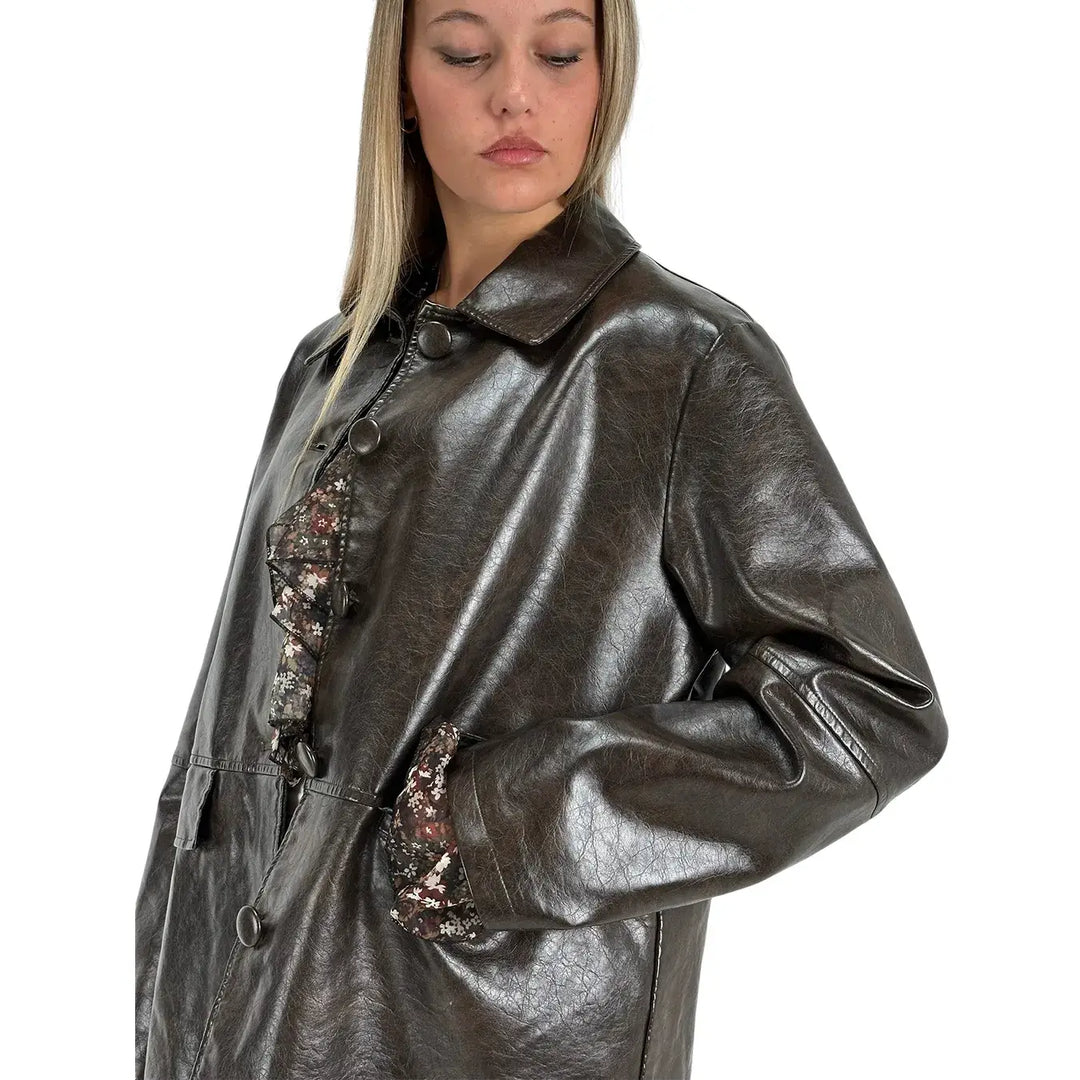 Bassini Giacca Donna in Ecopelle Marrone Effetto Vintage Oversize con Tasche con Patta