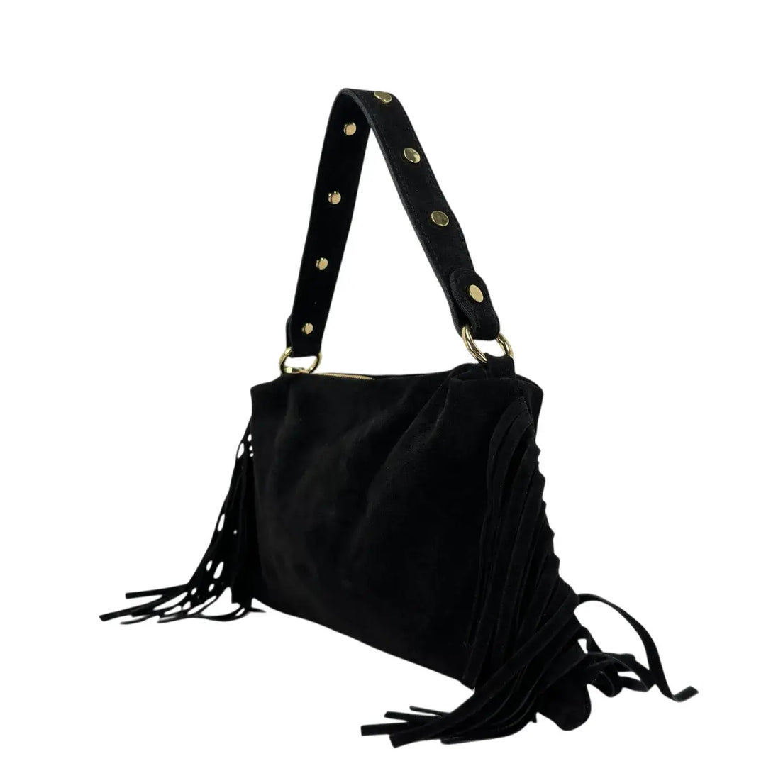 Bassini Borsa Donna in Camoscio Nero con Chiusura Zip e Doppia Tracolla Rimovibile