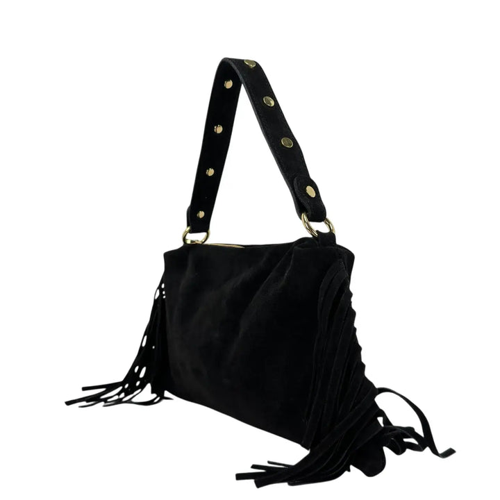 Bassini Borsa Donna in Camoscio Nero con Chiusura Zip e Doppia Tracolla Rimovibile