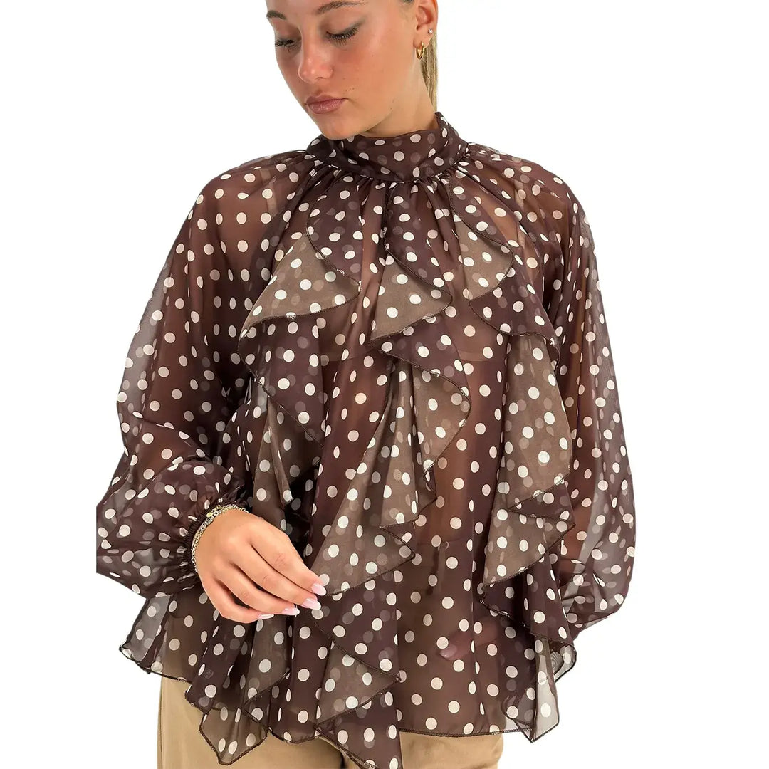 Bassini Blusa Donna Cioccolata con Pois Beige Maniche Lunghe a Sbuffo e Fiocco sul Colletto