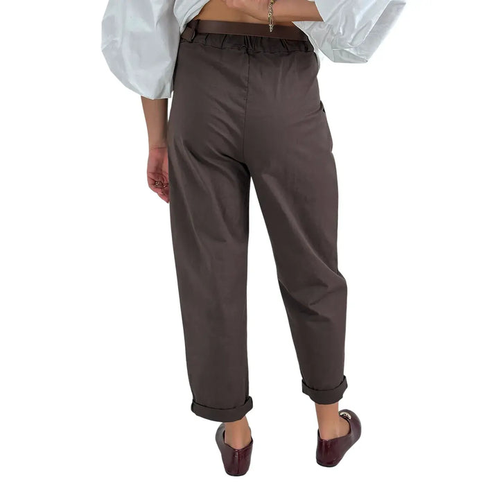 Bassini Pantaloni Donna Cioccolato Oversize con Doppia Pence, Elastico in Vita e Cintura