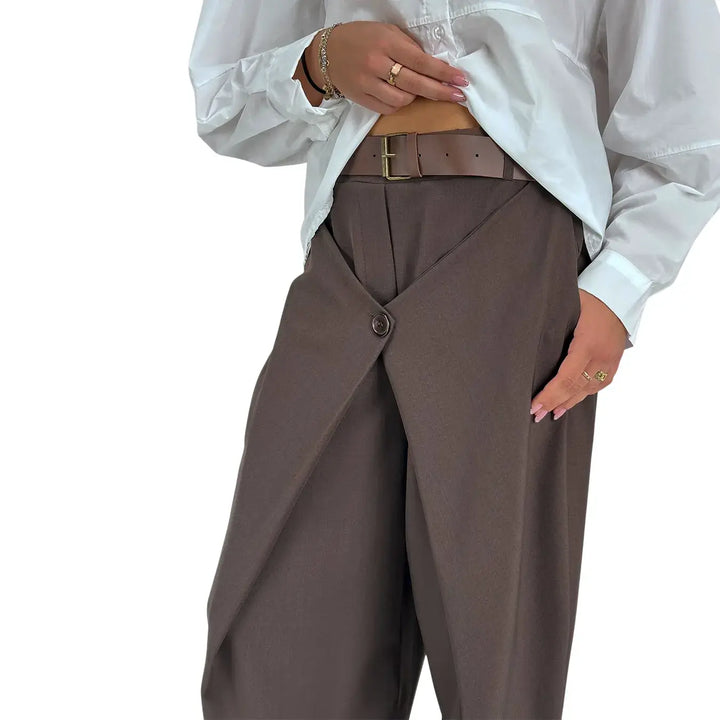 Bassini Pantaloni Donna Marroni a Portafoglio con Elastico in Vita e Cintura in Ecopelle