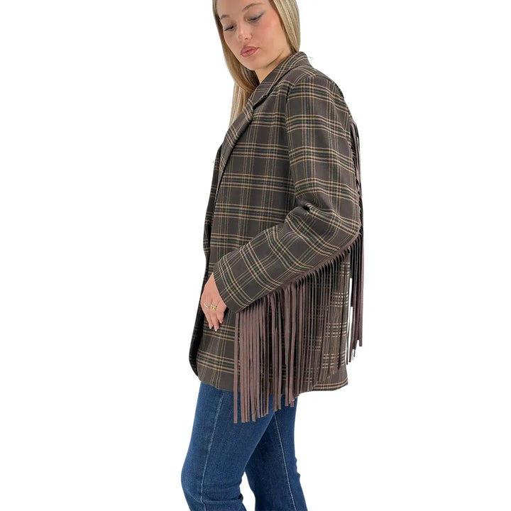 Bassini Giacca Donna Cioccolato Check Oversize Monopetto con Frange Marroni