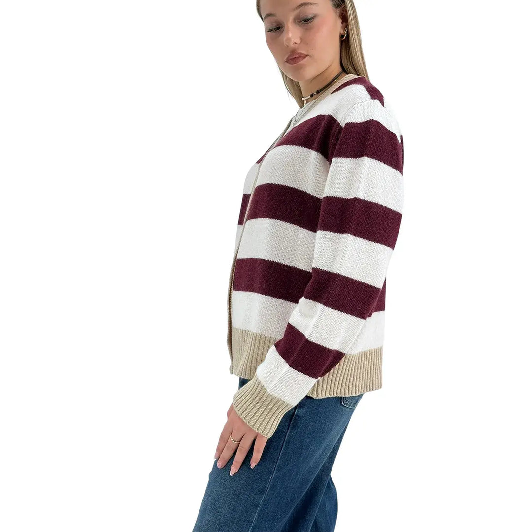 Bassini Cardigan Donna Borgogna e Cipria a Righe con Cinque Bottoni e Coste Cammello