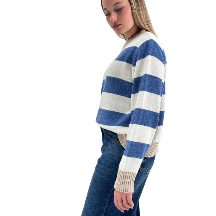 Bassini Maglia Donna Jeans e Avorio a Righe Girocollo con Coste Cammello e Vestibilità Regolare
