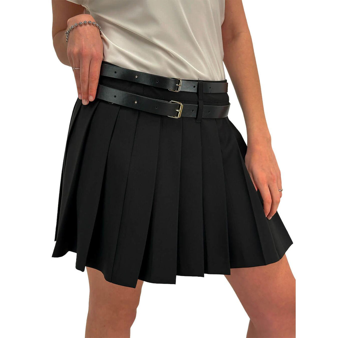 Imperial Women's Skirt, Short, Double Belt, Mixed Fabric, Black