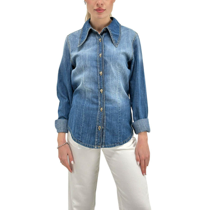 Motel Camicia Jeans Donna, Denim, Collo a Lancia, Cotone, Blu