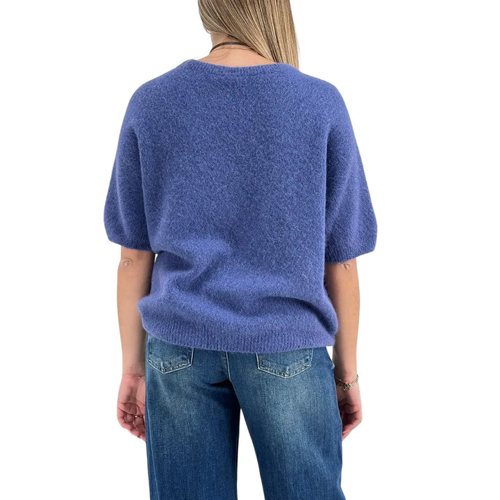 Bassini Maglia Donna Blu Cenere Girocollo Oversize con Maniche Corte Raglan e Orlo a Costine