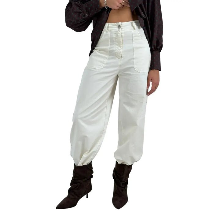 Bassini Pantaloni Donna Palazzo Avorio Oversize in Tessuto Elasticizzato con Tasche a Toppa