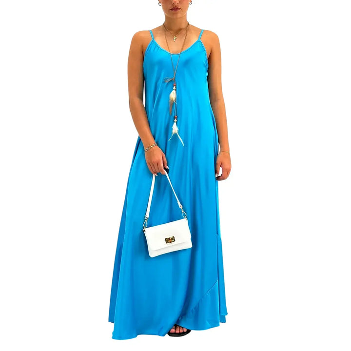 Bassini Abito Donna Celeste Sottoveste con Spallini e Collana Piuma Inclusa