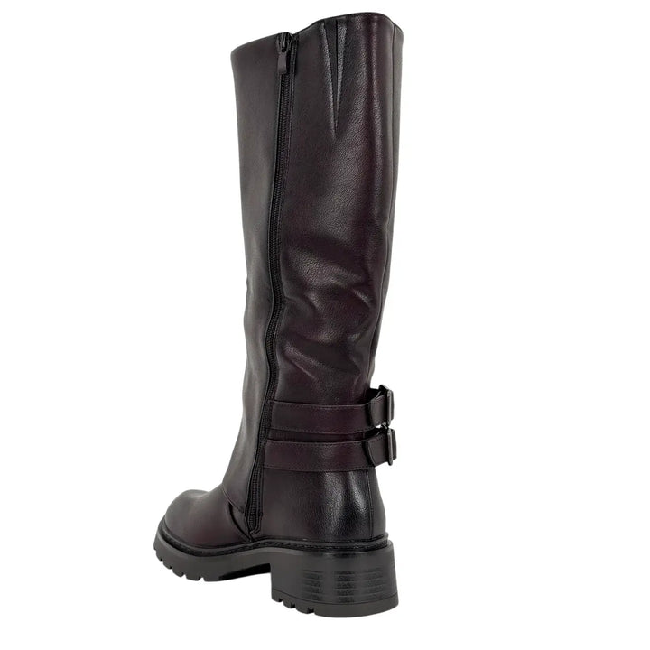Bassini Stivale Donna Vino Biker in Ecopelle Effetto Used con Doppia Fibbetta e Tacco 4 cm