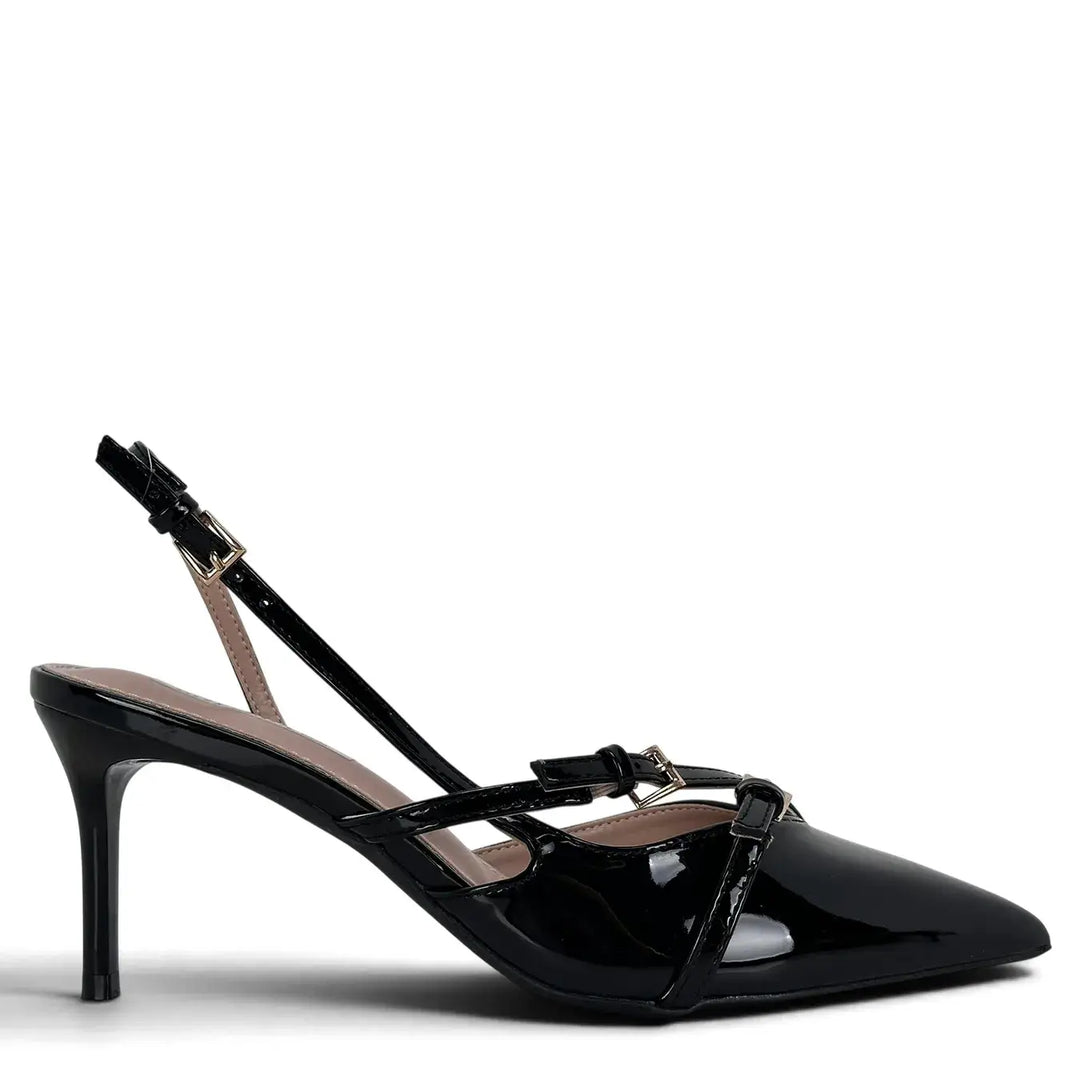 Bassini Slingback Donna in Ecopelle Verniciata Nera con Doppio Cinturino e Fibbiette Oro Tacco 7,5 cm