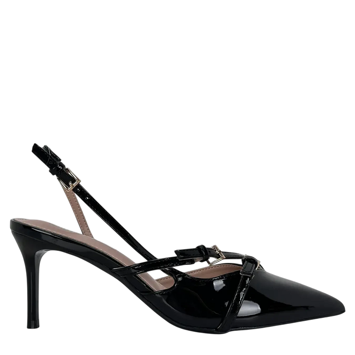 Bassini Slingback Donna in Ecopelle Verniciata Nera con Doppio Cinturino e Fibbiette Oro Tacco 7,5 cm