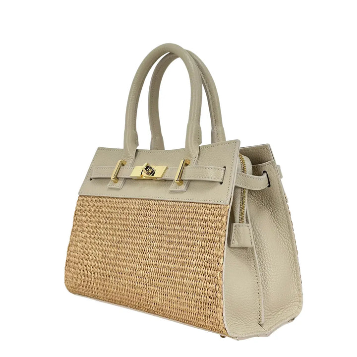 Bassini Borsa Donna in Raffia e Pelle Avorio con Due Manici Tracolla Rimovibile e Girello
