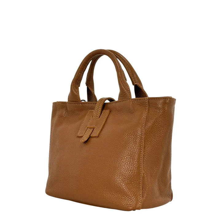 Bassini Borsa Donna in Pelle Cognac con Due Manici Tracolla Rimovibile e Chiusura H Magnetica