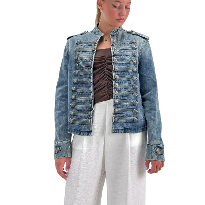 Bassini Giubbotto Donna Blu Medio in Denim Washed Stile Napoleone