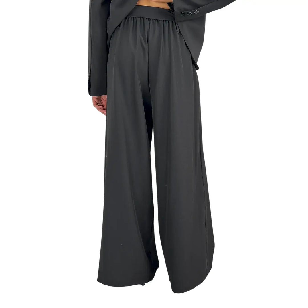 Bassini Pantaloni Donna Palazzo Nero Oversize in Tessuto Morbido Effetto Raso con Cintura a Fiocco